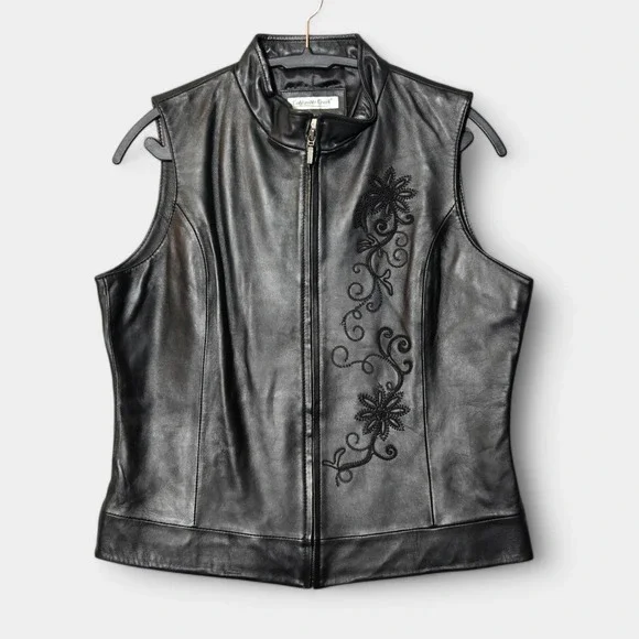 Coldwater Creek Leather Floral Embroidered Zip Up Vest Black M Western Biker NWT - Picture 1 of 7